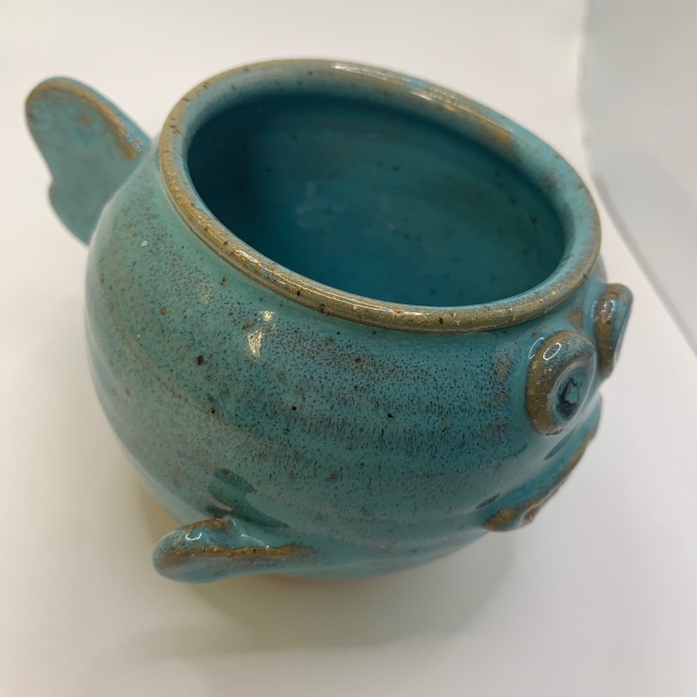 Vintage  Pottery Turquose Blue Fish for plant/ candle 3” X 5” signed very cute